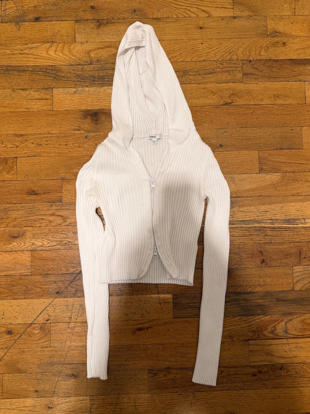 Women's White Ribbed Zip-Up Hoodie Top